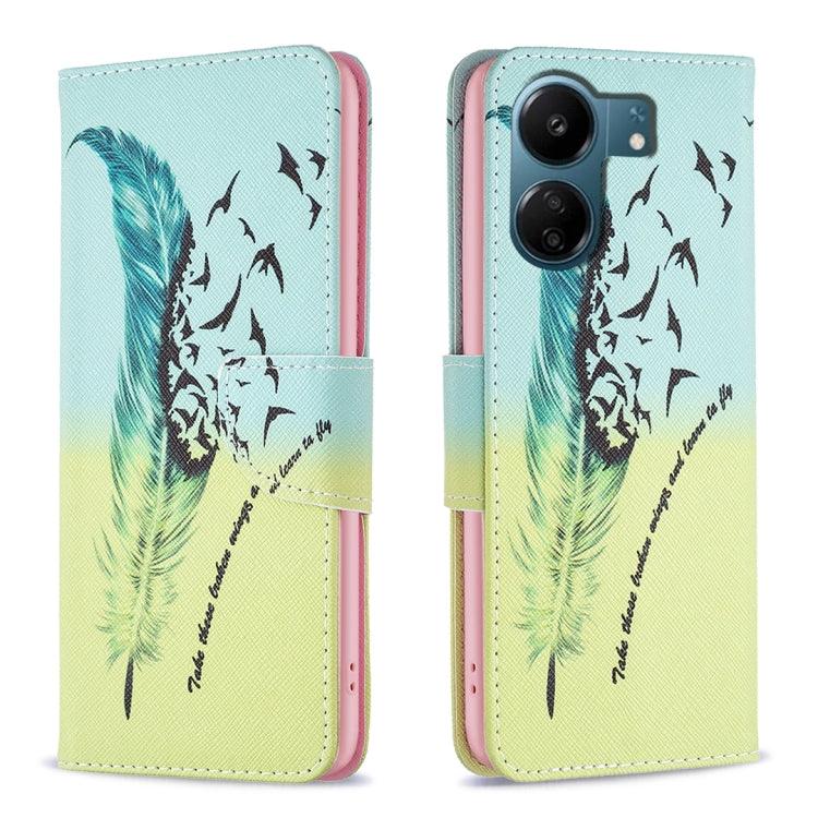 Xiaomi Redmi 13C Colored Drawing Pattern Leather Phone Case (Feather)