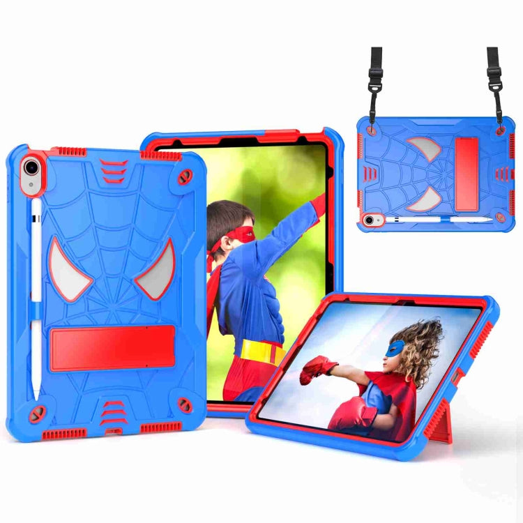 Apple iPad 10th Gen 10.9 2022 Spider Texture Silicone Hybrid PC Tablet Case Cover with Shoulder Strap (Blue + Red)