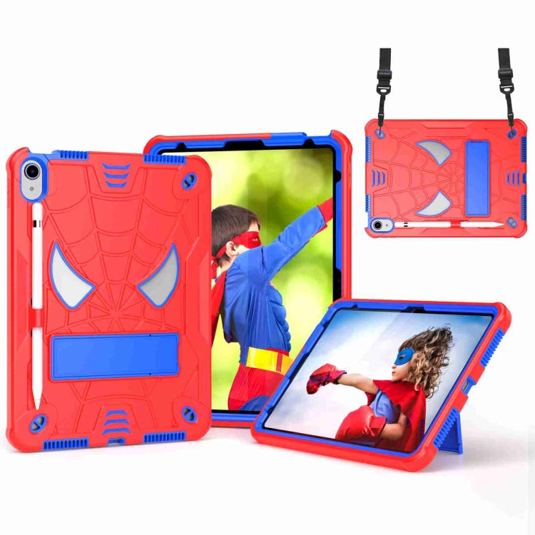 Apple iPad 10th Gen 10.9 2022 Spider Texture Silicone Hybrid PC Tablet Case Cover with Shoulder Strap (Red + Blue)