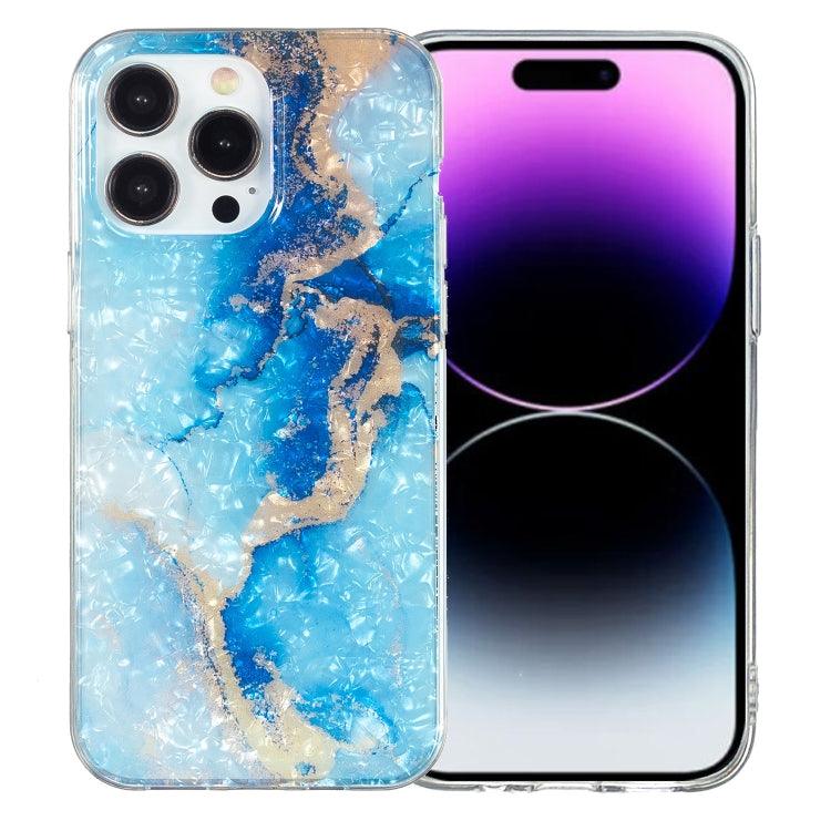 Apple iPhone 15 Pro Max IMD Shell Pattern TPU Phone Case Cover (Blue Gold Marble)