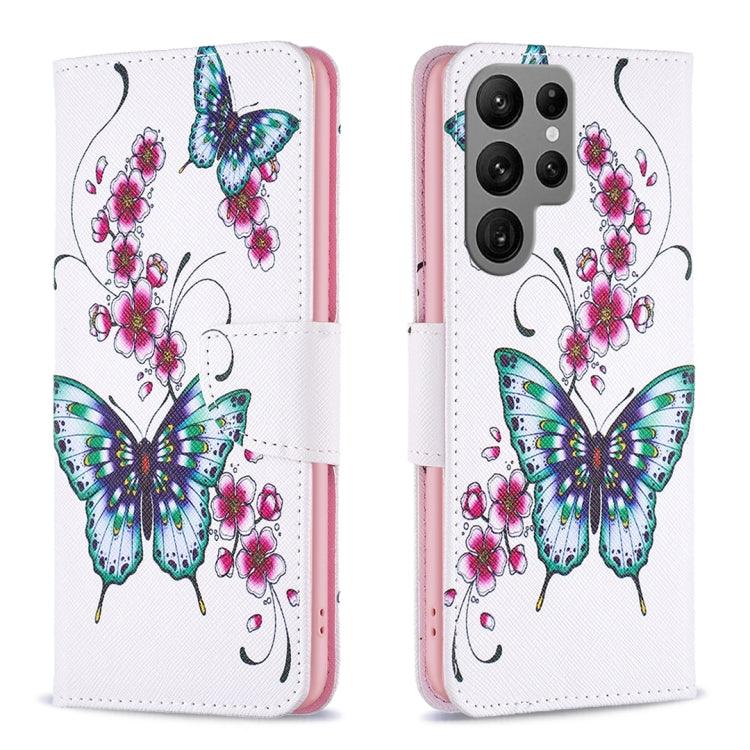 Samsung Galaxy S24 Ultra 5G Colored Drawing Pattern Leather Phone Case Cover (Flowers Butterfly)