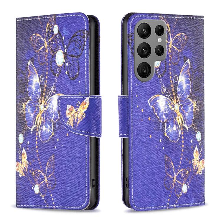 Samsung Galaxy S24 Ultra 5G Colored Drawing Pattern Leather Phone Case Cover (Purple Butterfly)