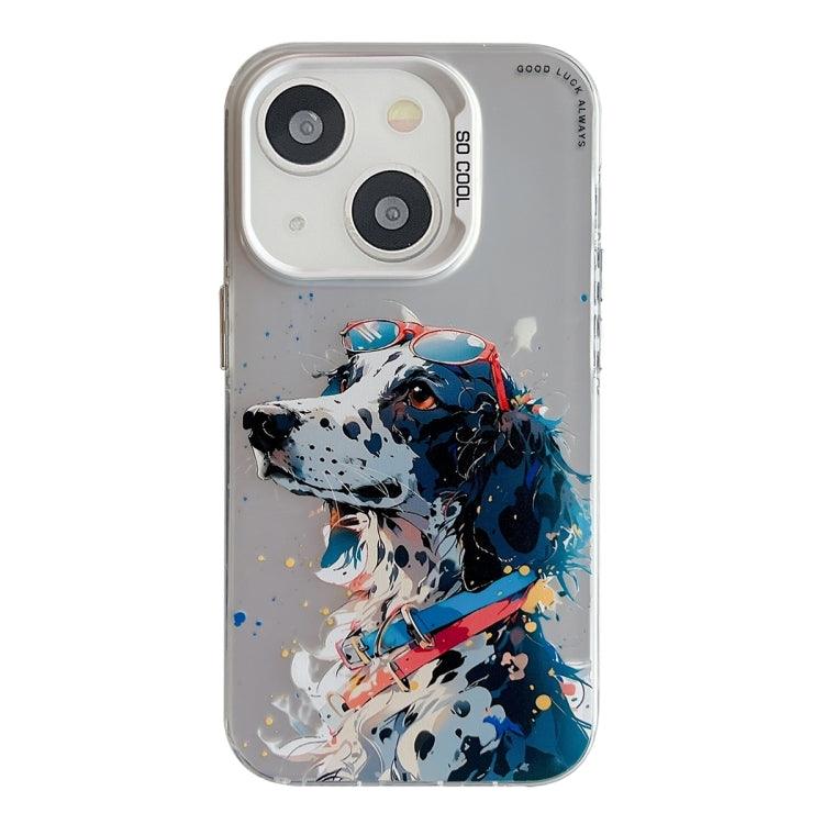 Apple iPhone 15 Animal Pattern Oil Painting Series PC + TPU Phone Case Cover (Spotted Dog)