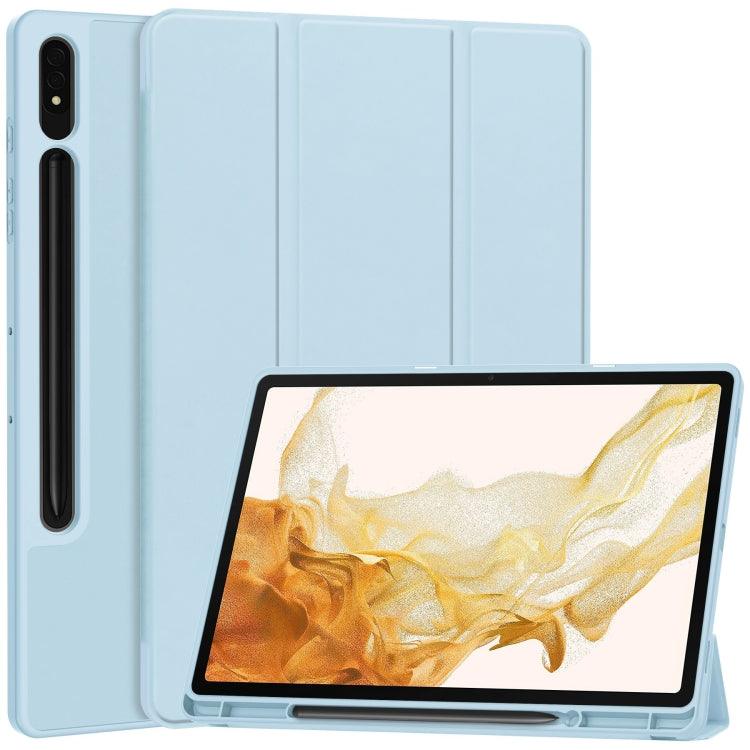 Samsung Galaxy Tab S9+ 3-Fold Pure Color TPU Smart Leather Tablet Case Cover with Pen Slot (Light Blue)