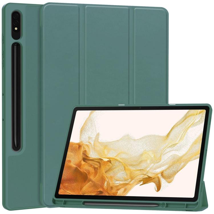 Samsung Galaxy Tab S9+ 3-Fold Pure Color TPU Smart Leather Tablet Case Cover with Pen Slot (Dark Green)