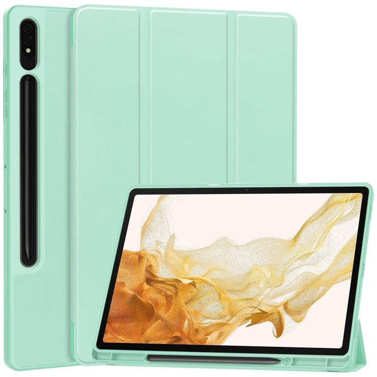 Samsung Galaxy Tab S9+ 3-Fold Pure Color TPU Smart Leather Tablet Case Cover with Pen Slot (Mint Green)