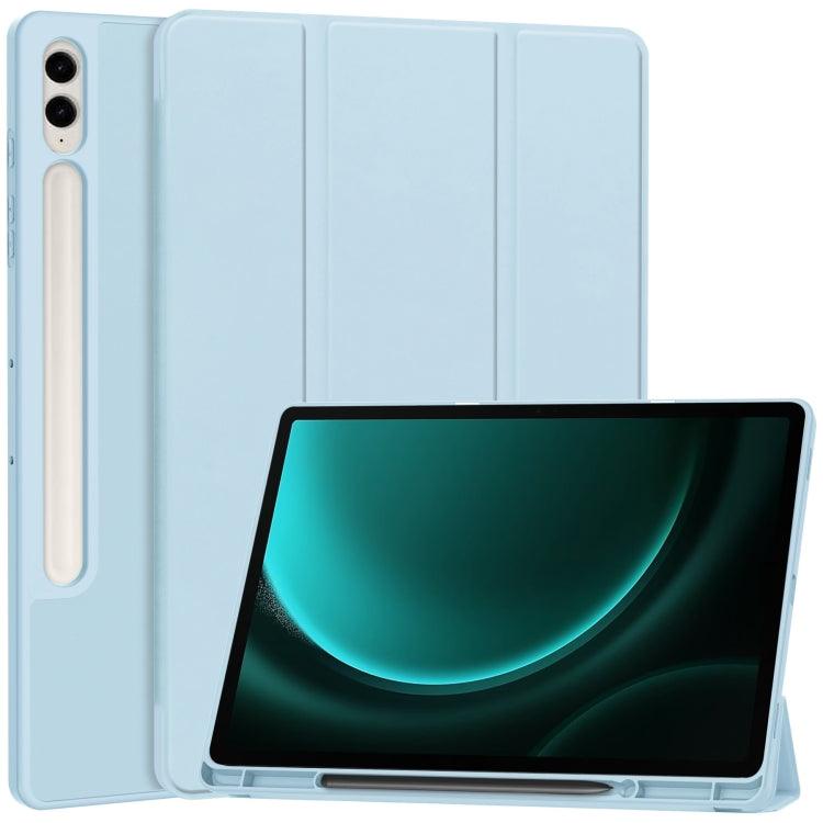 Samsung Galaxy Tab S9 FE+ 3-Fold Pure Color TPU Smart Leather Tablet Case Cover with Pen Slot (Light Blue)