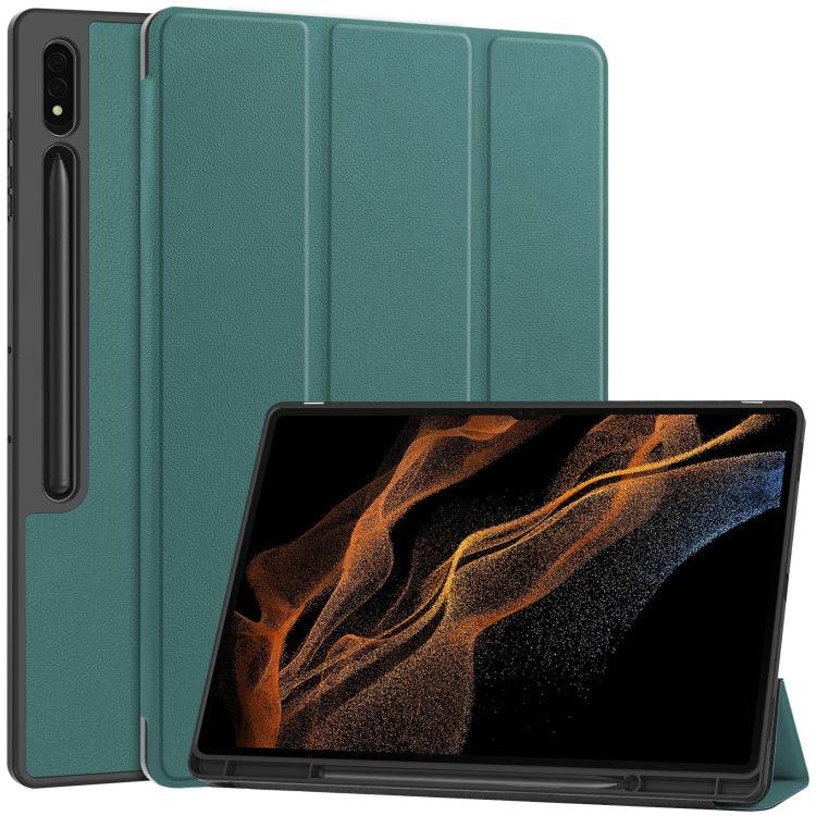 Samsung Galaxy Tab S9 Ultra 3-Fold Pure Color TPU Smart Leather Tablet Case Cover with Pen Slot (Dark Green)