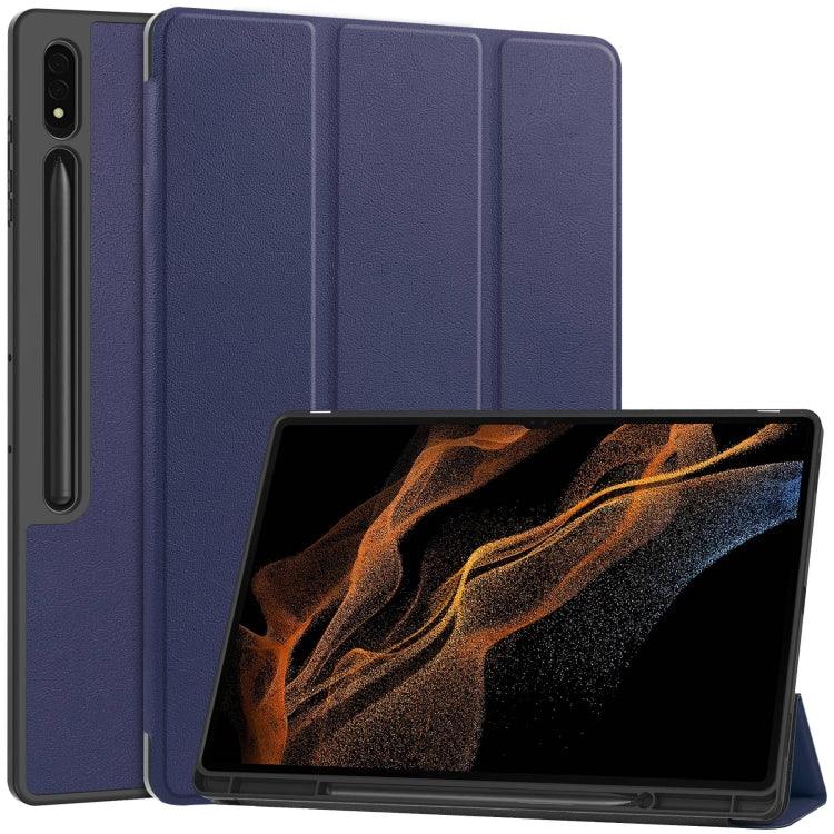 Samsung Galaxy Tab S9 Ultra 3-Fold Pure Color TPU Smart Leather Tablet Case Cover with Pen Slot (Dark Blue)