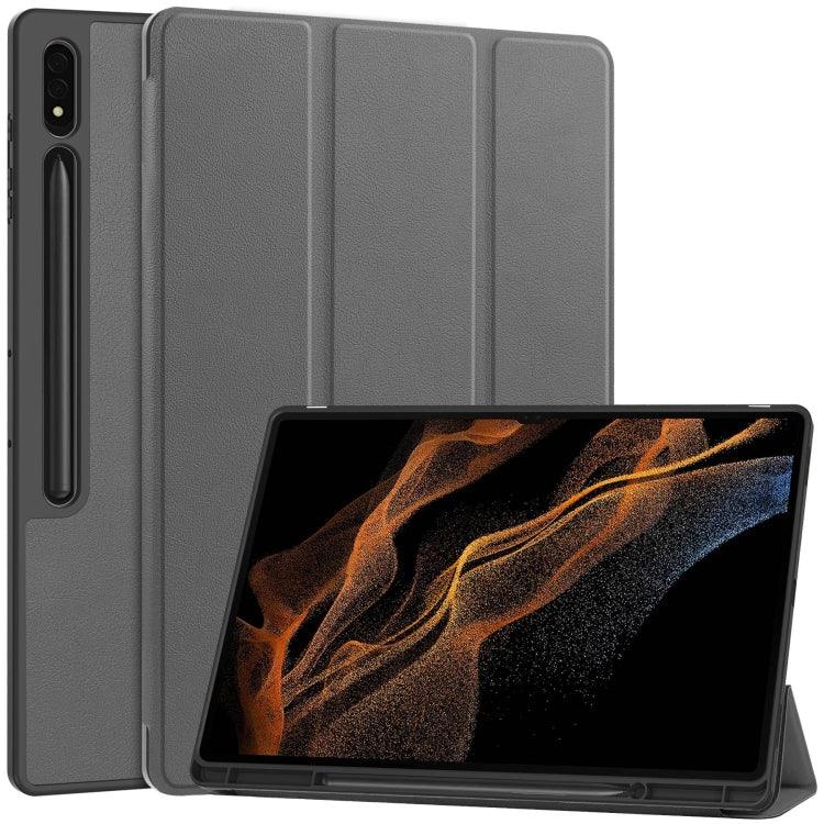 Samsung Galaxy Tab S9 Ultra 3-Fold Pure Color TPU Smart Leather Tablet Case Cover with Pen Slot (Grey)