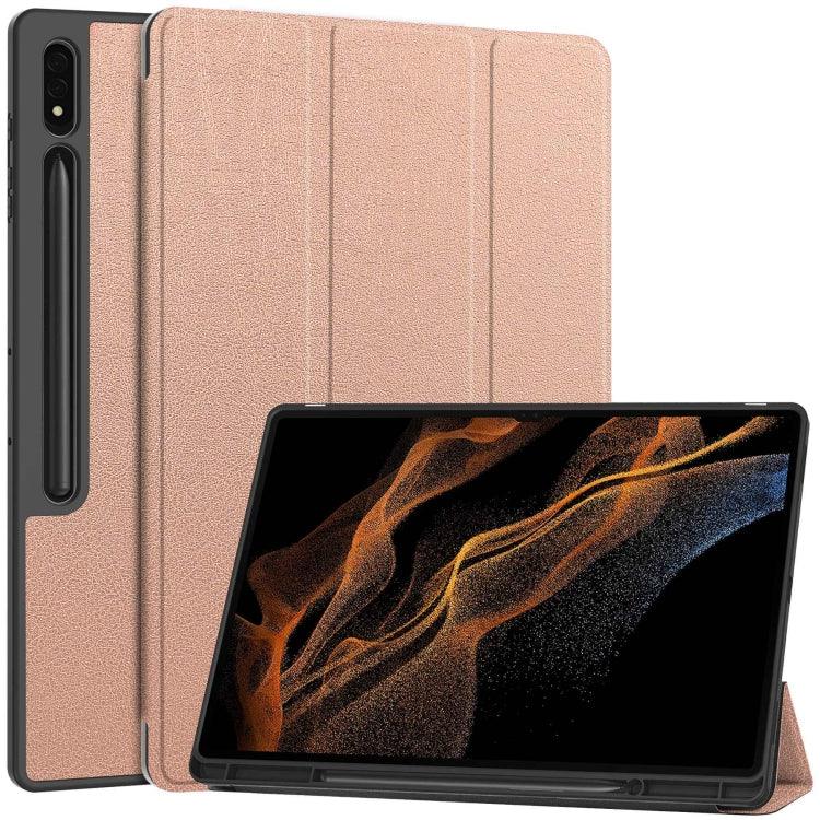 Samsung Galaxy Tab S9 Ultra 3-Fold Pure Color TPU Smart Leather Tablet Case Cover with Pen Slot (Rose Gold)