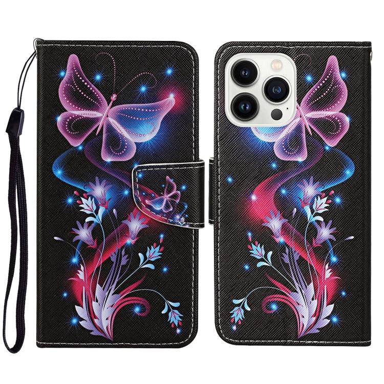 Apple iPhone 15 Pro 3D Colored Drawing Flip Leather Phone Case Cover (Fluorescent Butterfly)