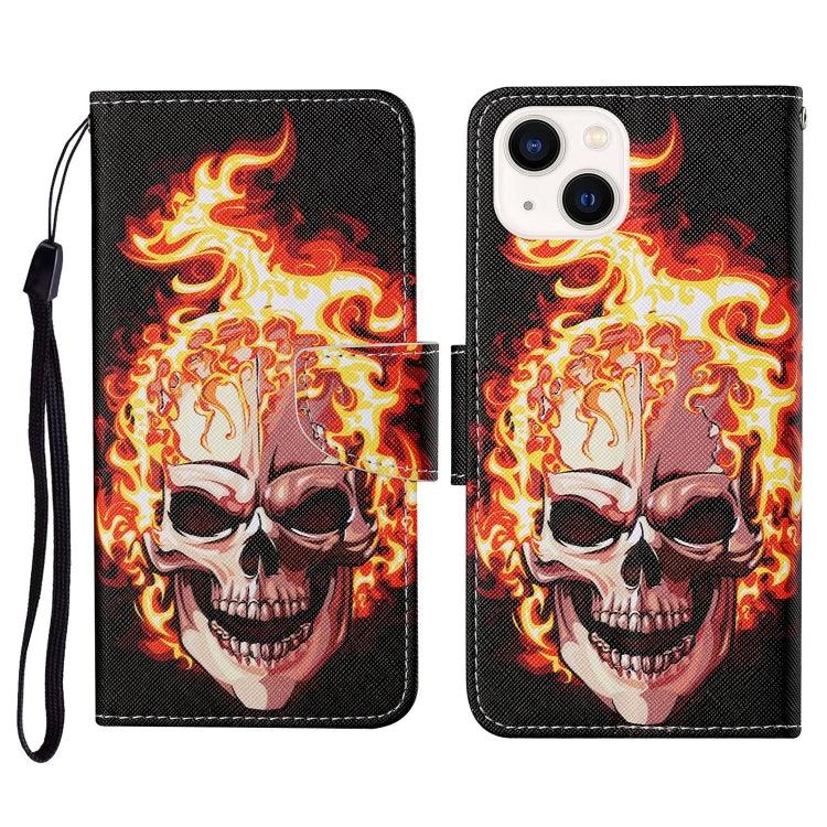 Apple iPhone 15 3D Colored Drawing Flip Leather Phone Case Cover (Flame Skull)