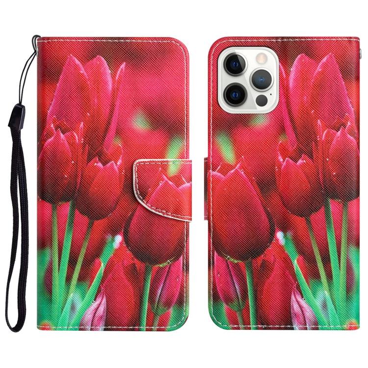 Apple iPhone 15 Pro Max Colored Drawing Leather Phone Case Cover (Tulips)