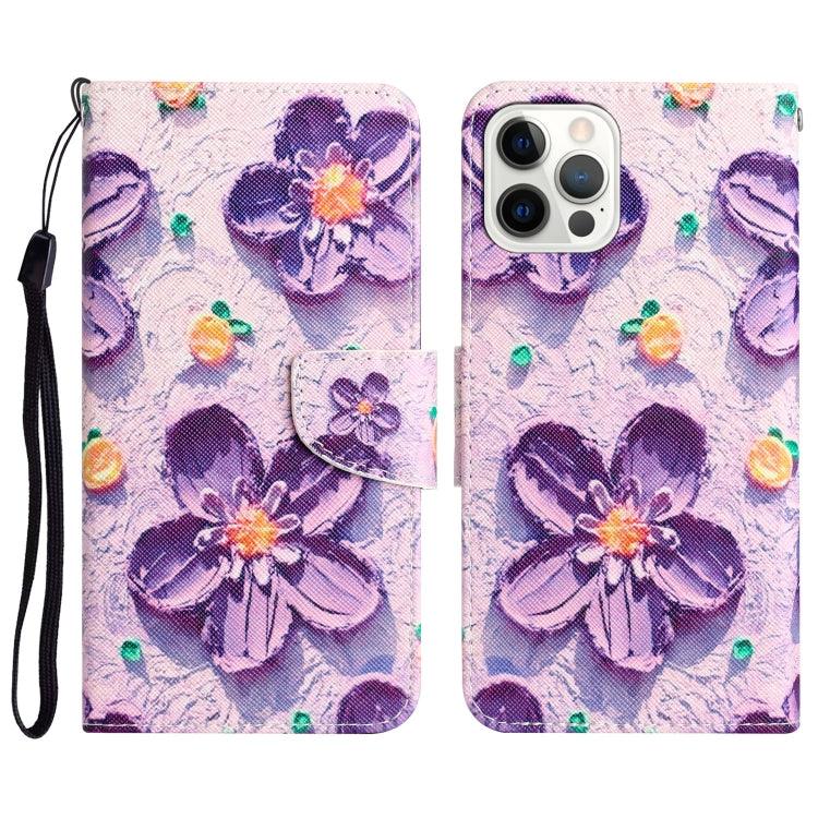 Apple iPhone 15 Pro Max Colored Drawing Leather Phone Case Cover (Purple Flower)