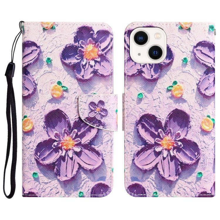 Apple iPhone 15 Colored Drawing Leather Phone Case Cover (Purple Flower)