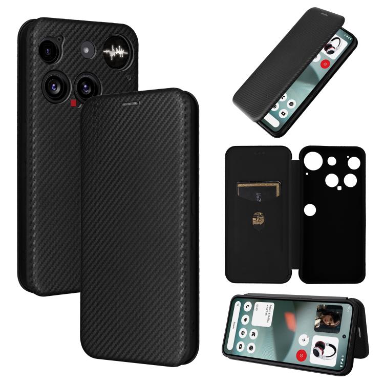 Nothing Phone 3 5G Carbon Fiber Texture Flip Leather Case - Black