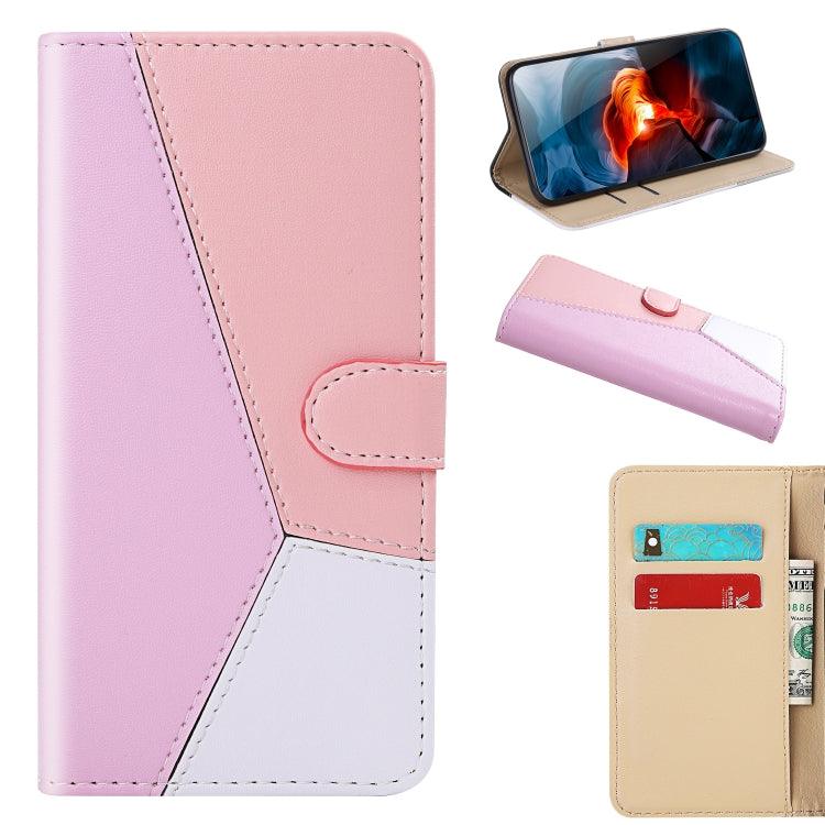 Apple iPhone 15 Tricolor Stitching Horizontal Flip Leather Phone Case Cover (Pink)