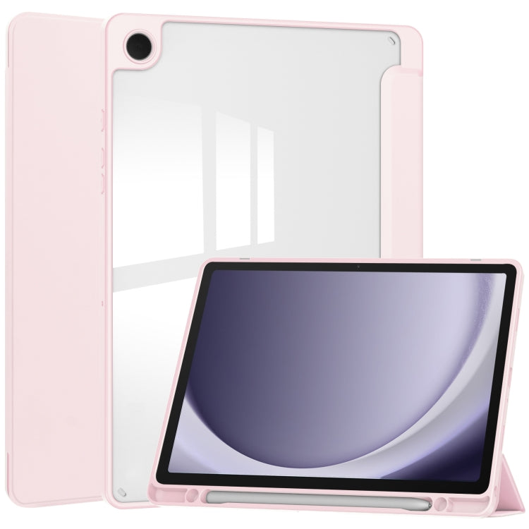 Samsung Galaxy Tab A9+ Acrylic 3-folding Smart Leather Tablet Case Cover with Pen Slot (Pink)