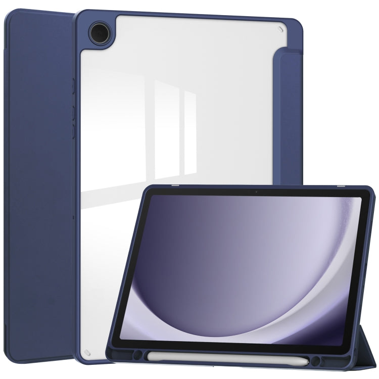 Samsung Galaxy Tab A9+ Dark Blue Acrylic 3-Folding Smart Leather Tablet Case with Pen Slot