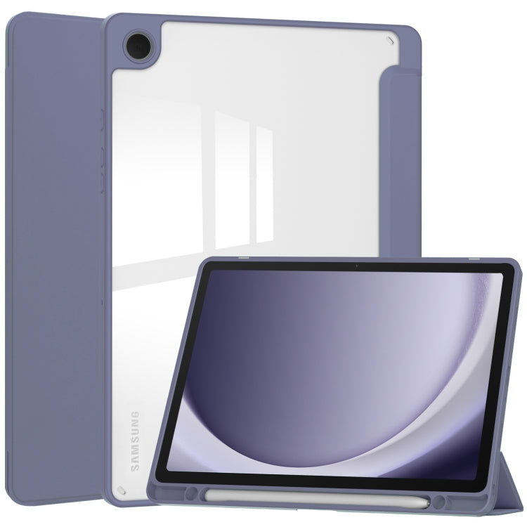 Samsung Galaxy Tab A9+ Acrylic 3-Folding Smart Leather Tablet Case with Pen Slot - Lavender