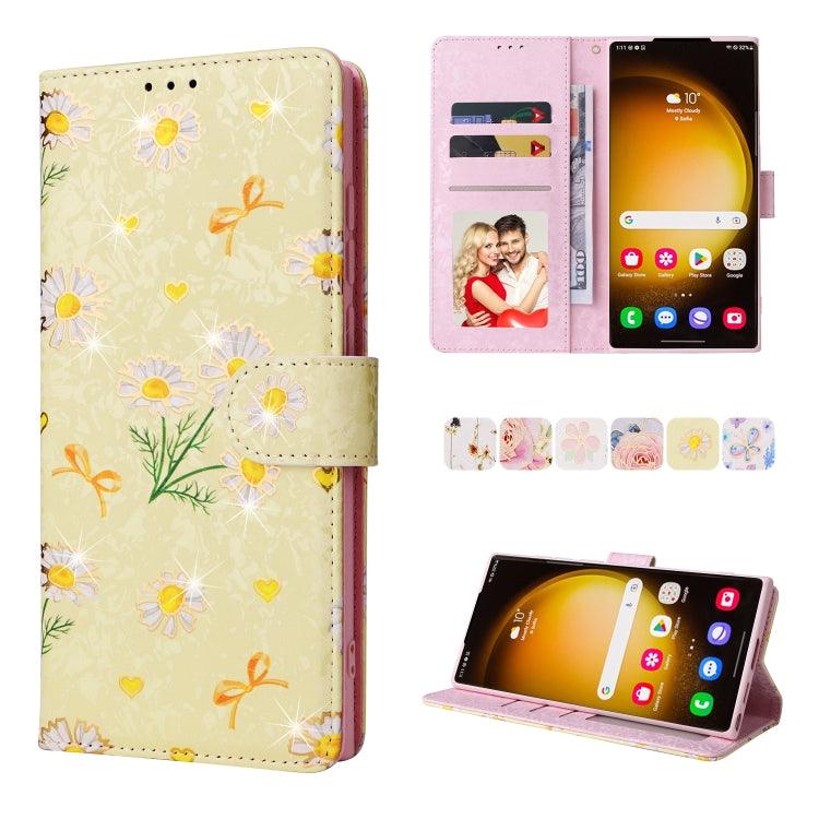 Samsung Galaxy S24 Ultra 5G Bronzing Painting RFID Leather Case Cover (Yellow Daisy)