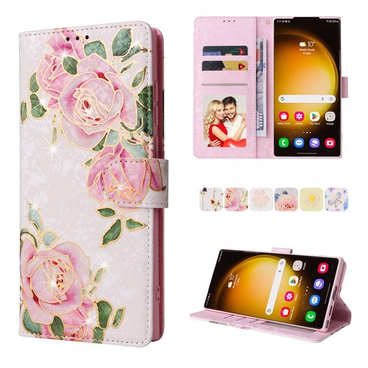 Samsung Galaxy S24 Ultra 5G Bronzing Painting RFID Leather Case Cover (Rose Flower)