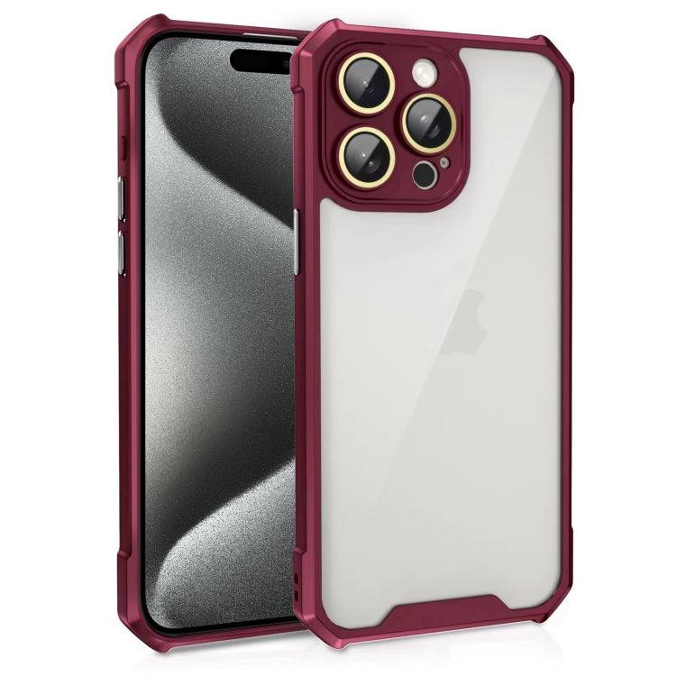 Apple iPhone 15 Pro Shockproof Acrylic Phone Case Cover with Lens Glass Film (Wine Red)