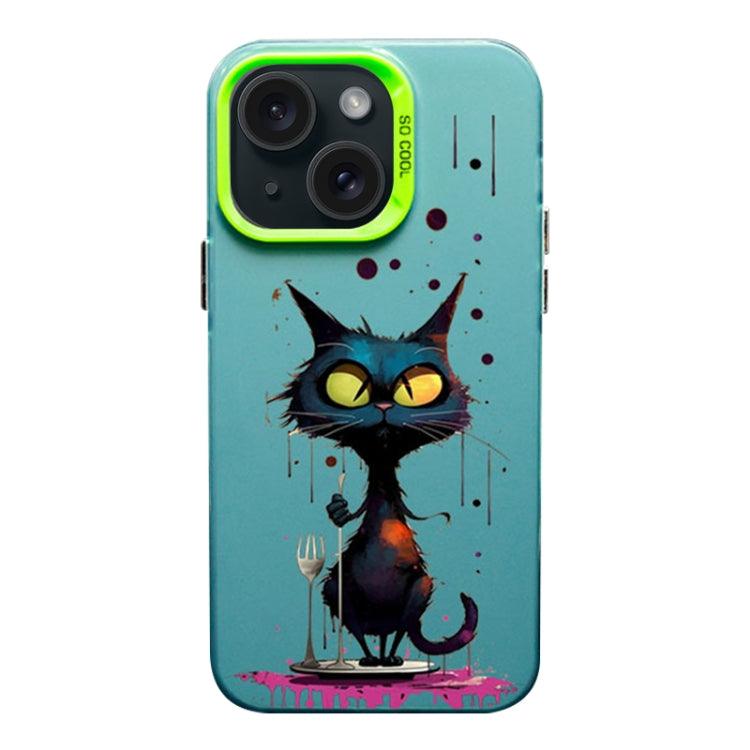 Apple iPhone 15 Color Ink Frosted PC+TPU Phone Case Cover (Black Cat)