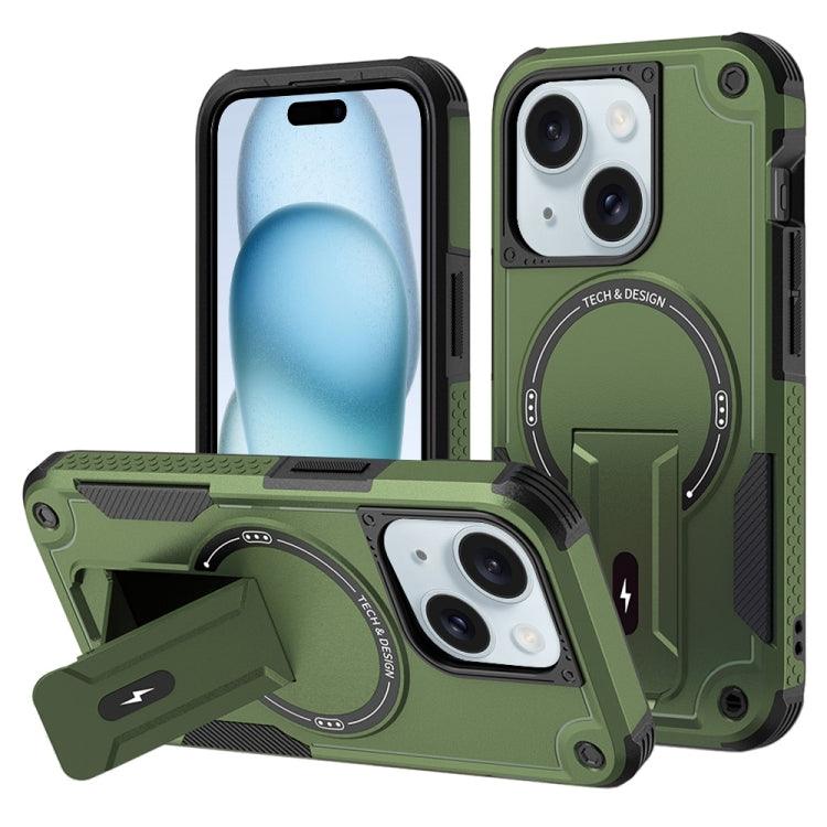 Apple iPhone 15 Plus MagSafe Holder Armor PC Hybrid TPU Phone Case Cover (Army Green)