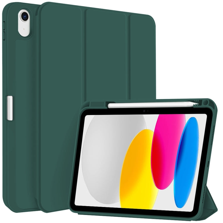 Apple iPad 10th Gen 10.9 2022 3-fold TPU Smart Leather Tablet Case Cover with Pen Slot (Dark Green)