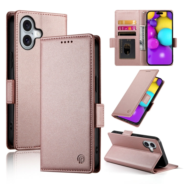 Apple iPhone 16 Side Buckle Magnetic Frosted Leather Phone Case Cover (Rose Gold)