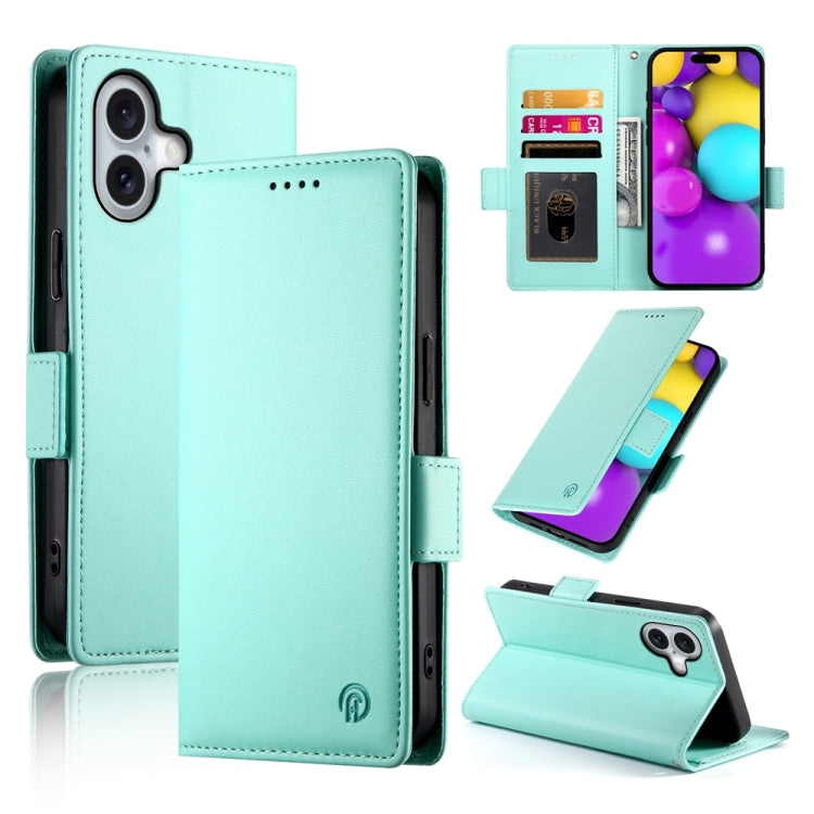 Apple iPhone 16 Side Buckle Magnetic Frosted Leather Phone Case Cover (Mint Green)