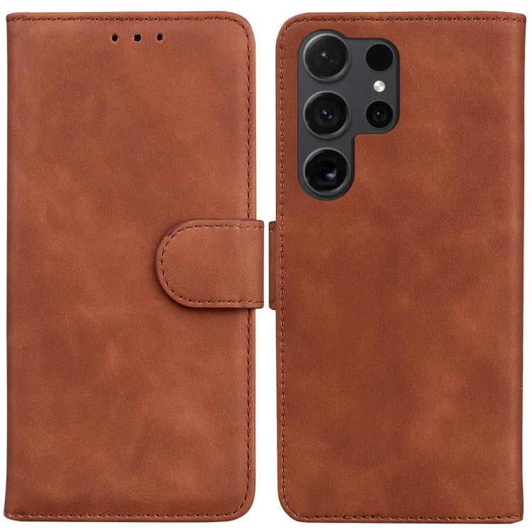 Samsung Galaxy S25 Ultra 5G Skin Feel Pure Color Flip Leather Phone Case Cover (Brown)