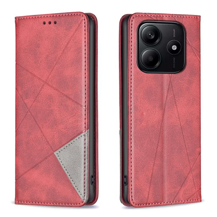 Xiaomi Redmi Note 14 4G Rhombus Texture Magnetic Leather Phone Case Cover (Red)