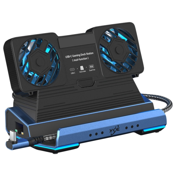 YCE-V279 10-in-1 USB-C Gaming Dock Station with Hard Disk Enclosure and Detachable Fan - Blue Black
