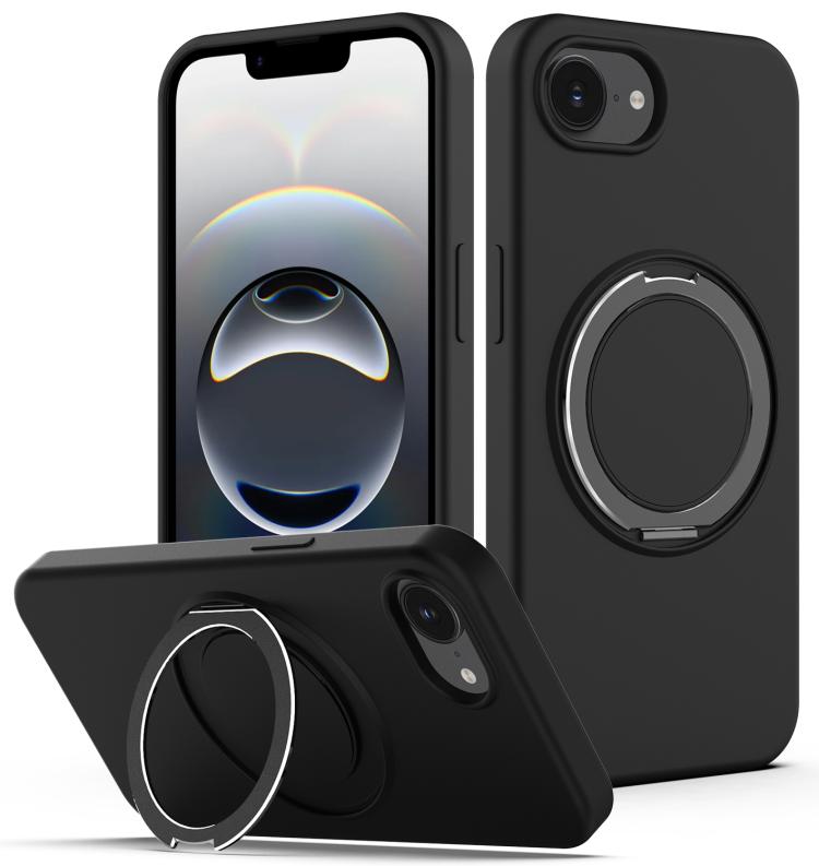 Apple iPhone 16e Liquid Silicone MagSafe Phone Case Cover with Rotating Holder - Black