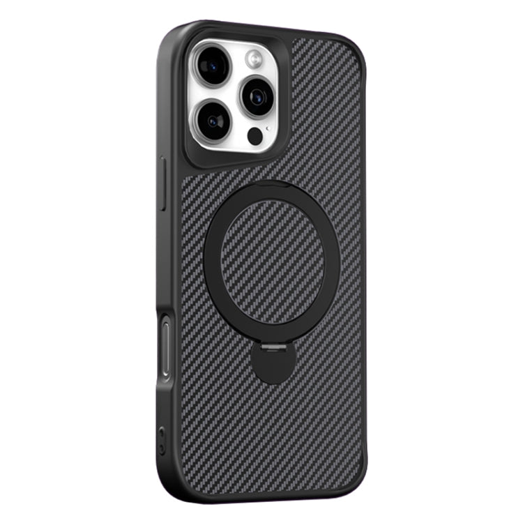 Apple iPhone 16 Pro Max Carbon Fiber Texture 360 MagSafe Holder Phone Case - Black