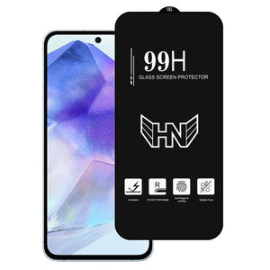 Glass screen protector with HN logo and specifications on a white background
