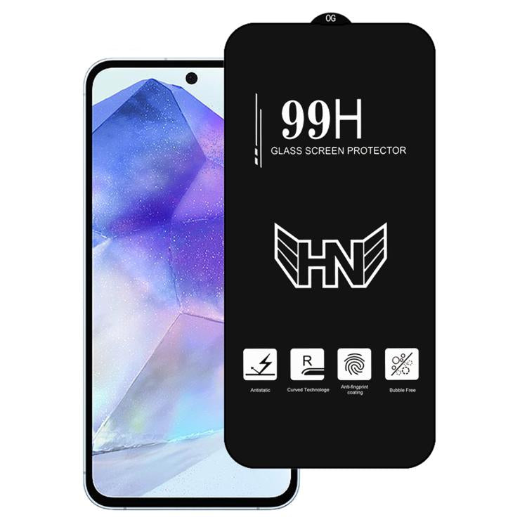 Glass screen protector with HN logo and specifications on a white background