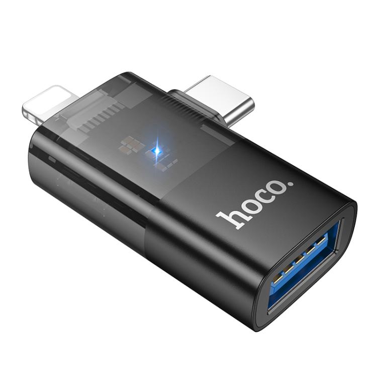 hoco 8 Pin, USB-C / Type-C Male to USB Female 2 in 1 OTG Transparent Adapter (Black)