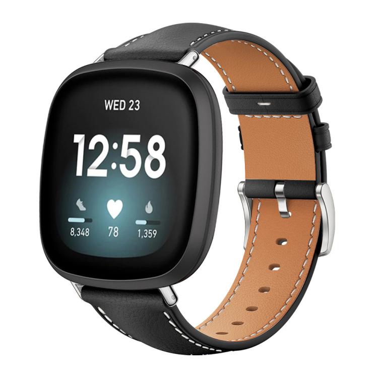 Fine Grain Leather Watch Band for Fitbit Versa 4 / Versa 3 / Sense 2 / Sense 1 - Black Shark