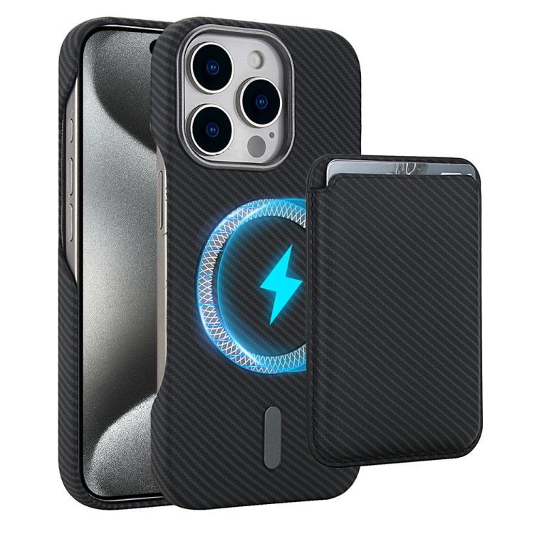 Apple iPhone 15 Pro Max Carbon Fiber MagSafe Magnetic Card Holder Phone Case Cover - Black