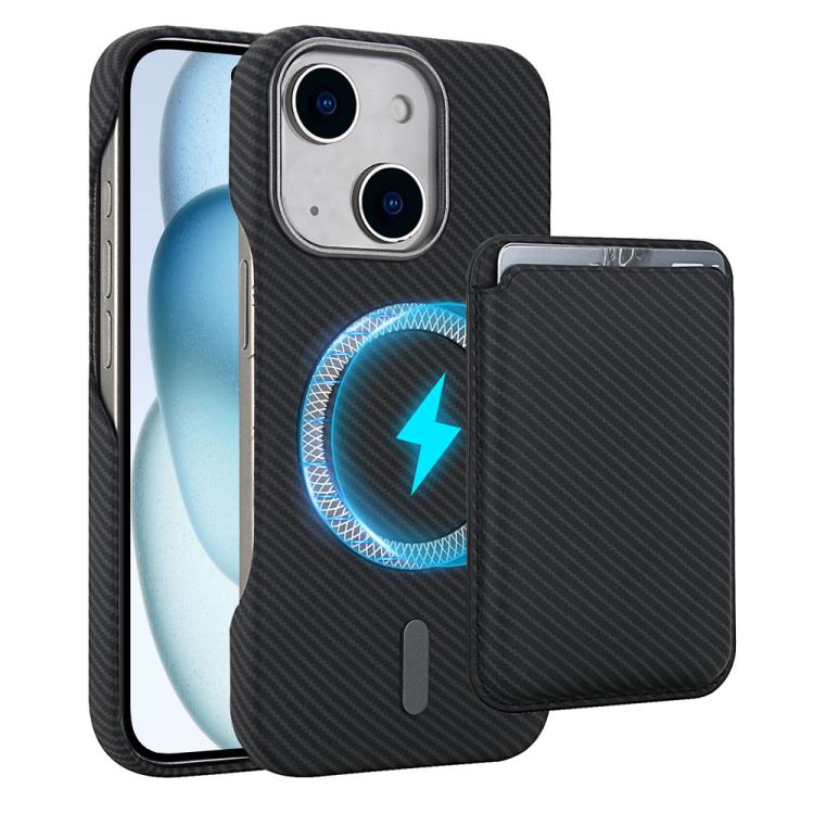 Apple iPhone 15 Carbon Fiber MagSafe Magnetic Card Holder Phone Case Cover - Black