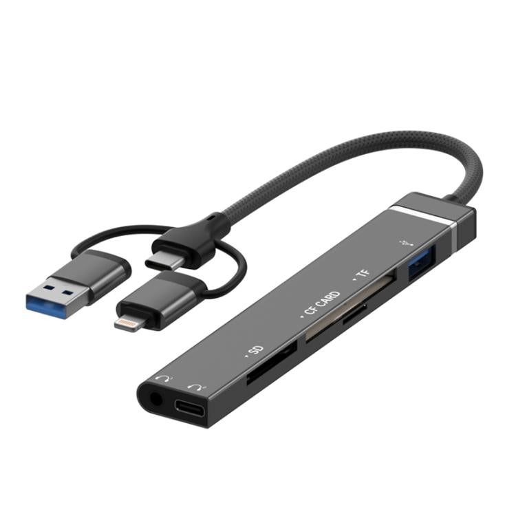 USB / Type-C / 8 Pin to CF / TF / SD Card Reader, 3.5mm HUB Adapter 6 in 1 Docking Station (Grey)