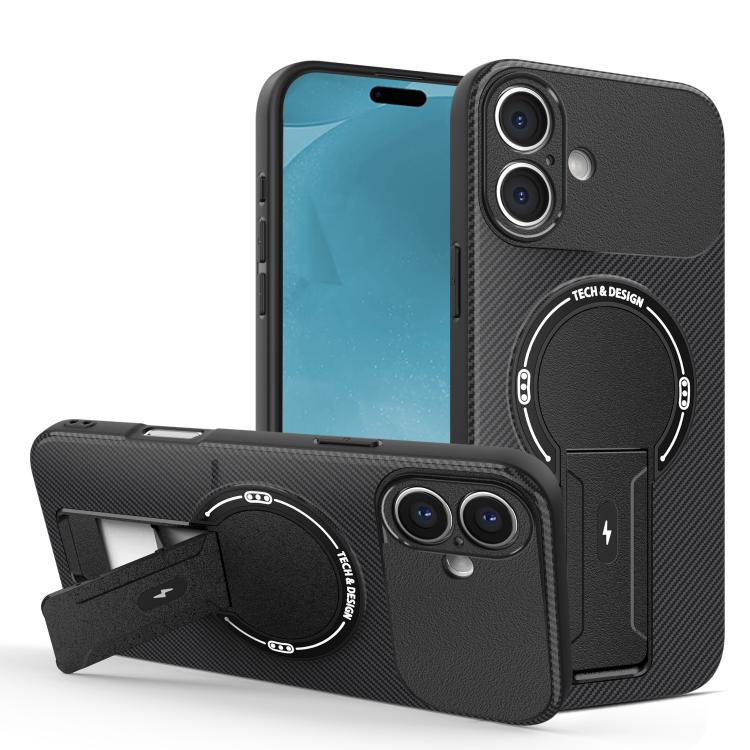 Apple iPhone 17 Carbon Fiber Texture MagSafe Phone Case with Holder - Black