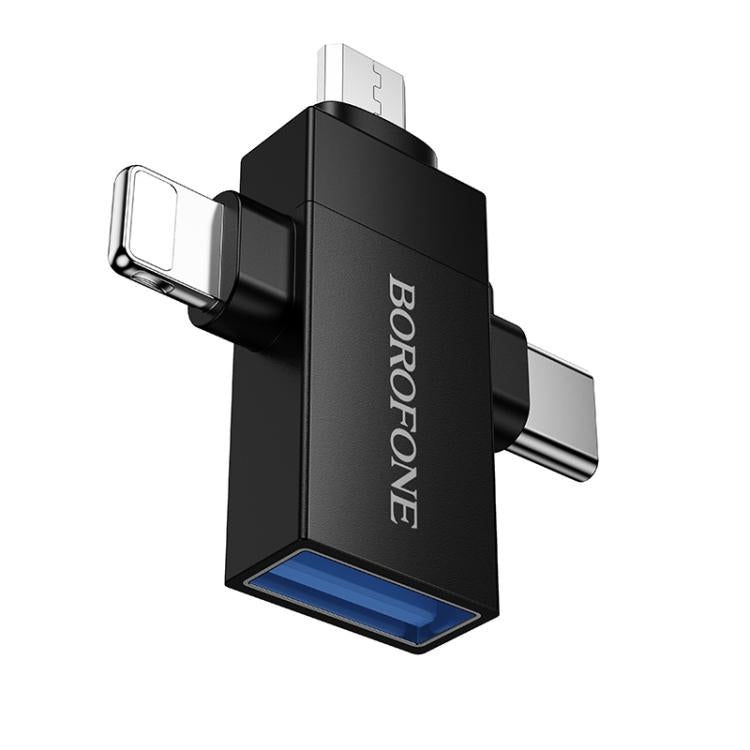 Borofone 3-in-1 USB Adapter: 8 Pin / Type-C / Micro USB Male to USB Female - Black