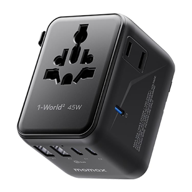 MOMAX UA31D 1-World 2 45W Dual AC 5-Port Universal Travel GaN Charger with 60W Cable - Black