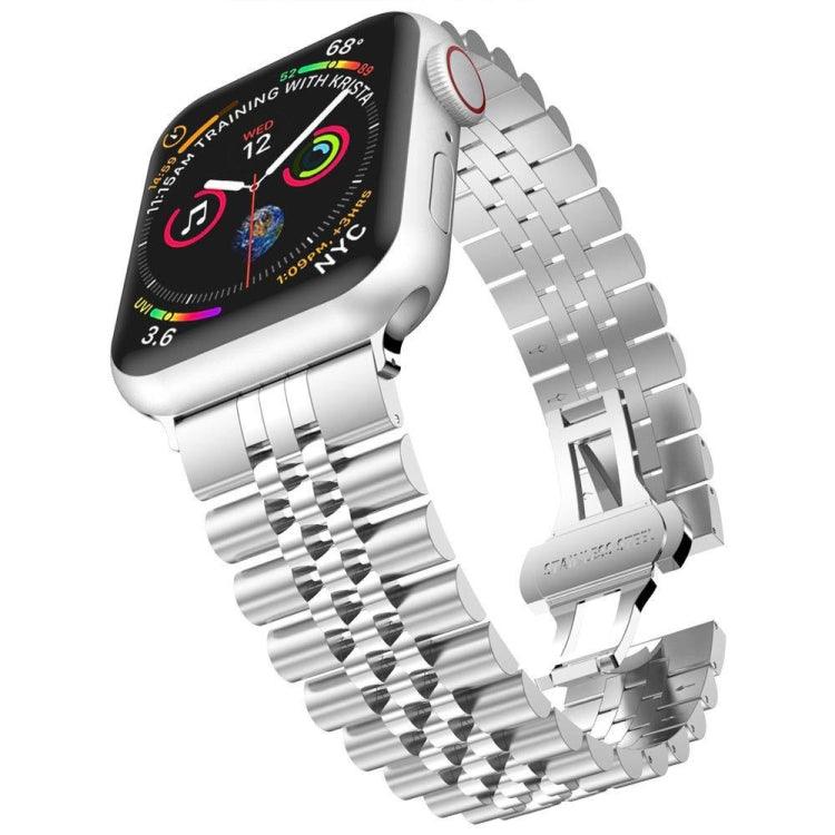 Metal Five Baht Replacement Steel Watch Band Apple Watch Series 9, 8, 7, 6, SE, 41mm, 40MM, 38mm (Silver)