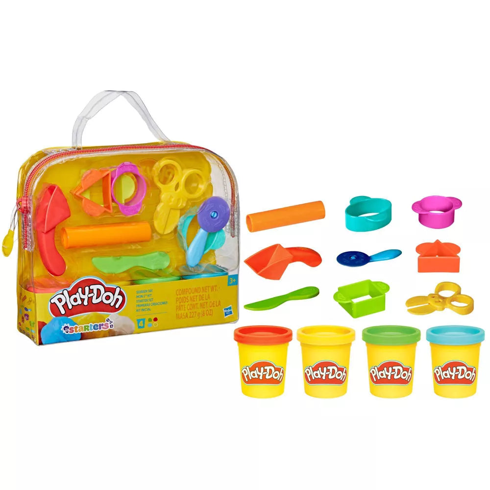 Play-Doh Starter Set, 9 Accessories, 4 Cans with Blue, Green, Red, and Yellow Modeling Compound & Travel Bag